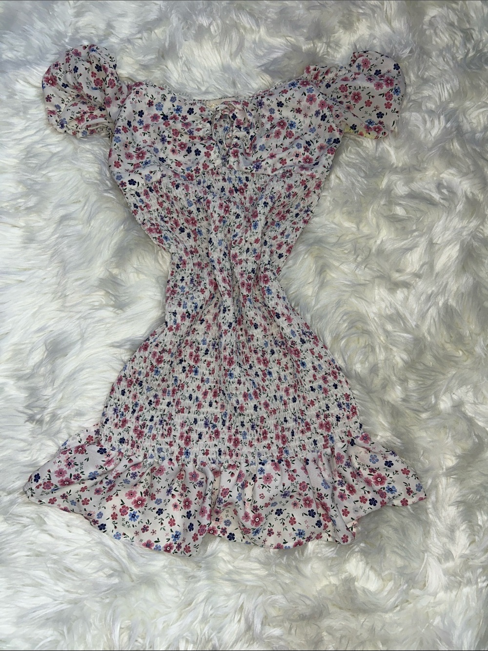 Madden Girl White Floral Smocked Off-Shoulder Mini Dress - Pink & Blue Flowers